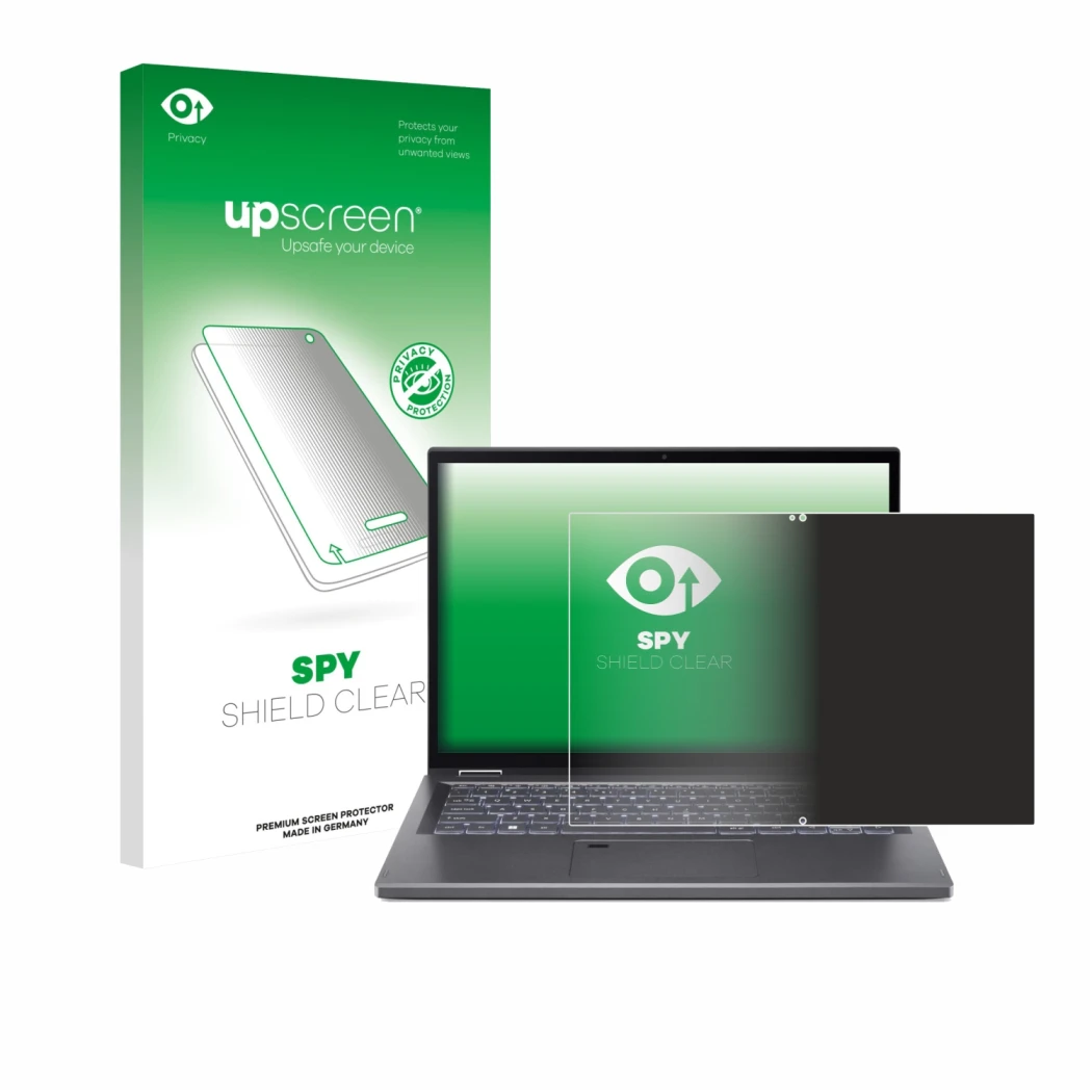 Parte frontale di una confezione del prodotto con il logo del marchio upscreen. Accanto è raffigurato il dispositivo Acer Aspi