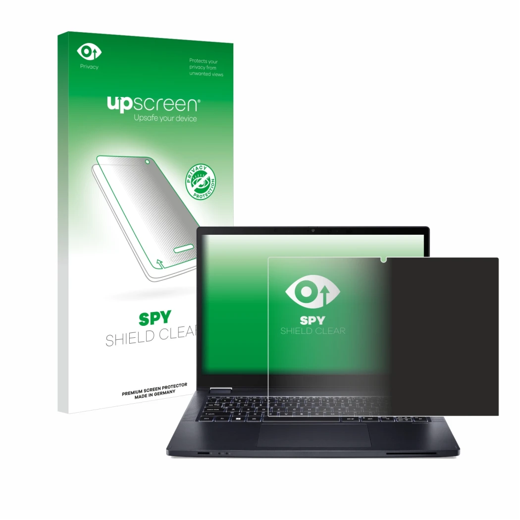 Parte frontale di una confezione del prodotto con il logo del marchio upscreen. Accanto è raffigurato il dispositivo Acer Trav