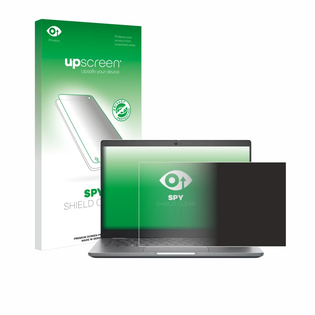 Parte frontale di una confezione del prodotto con il logo del marchio upscreen. Accanto è raffigurato il dispositivo Dell Lati