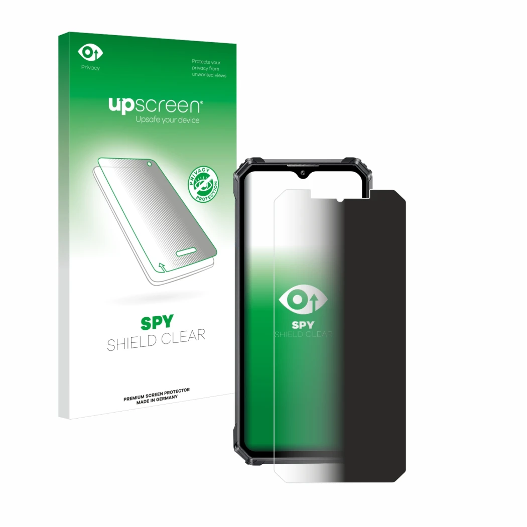 Parte frontale di una confezione del prodotto con il logo del marchio upscreen. Accanto è raffigurato il dispositivo Oukitel W