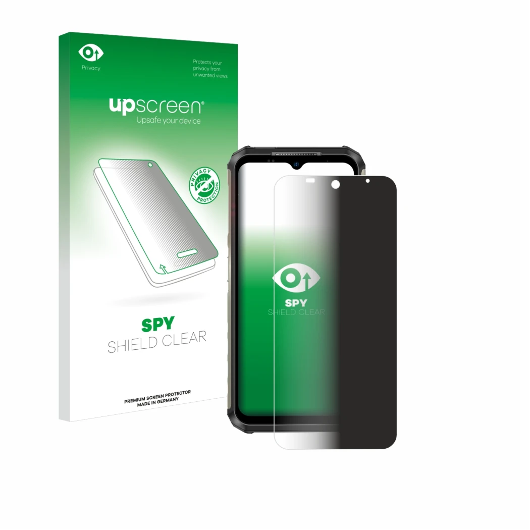 Parte frontale di una confezione del prodotto con il logo del marchio upscreen. Accanto è raffigurato il dispositivo Ulefone A