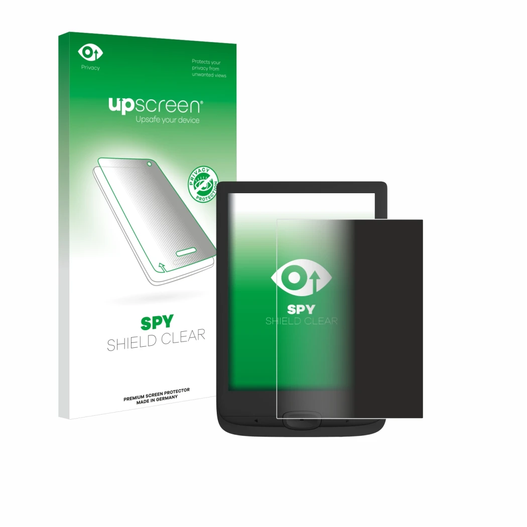 Parte frontale di una confezione del prodotto con il logo del marchio upscreen. Accanto è raffigurato il dispositivo PocketBoo