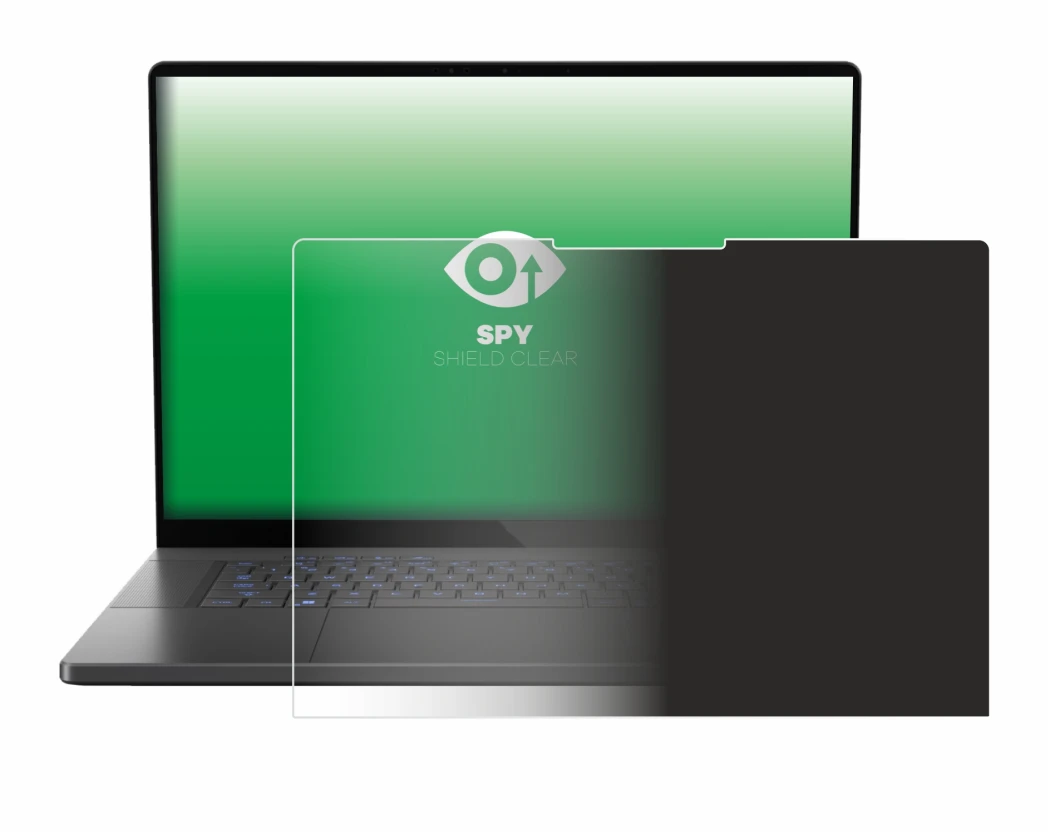 Immagine del dispositivo ASUS ROG Zephyrus G16 2024 con un'ampia varietà di protezioni per lo schermo.