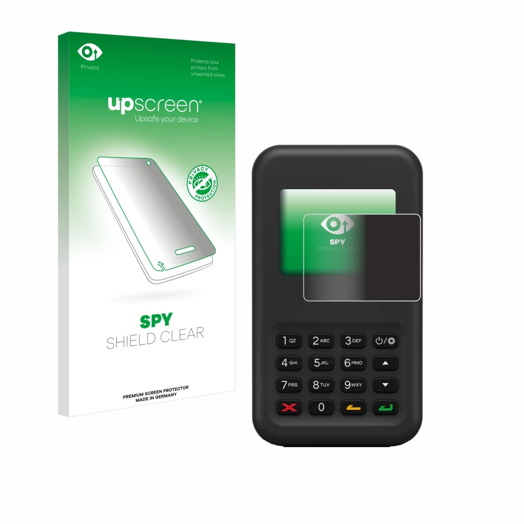 Parte frontale di una confezione del prodotto con il logo del marchio upscreen. Accanto è raffigurato il dispositivo Shopify W