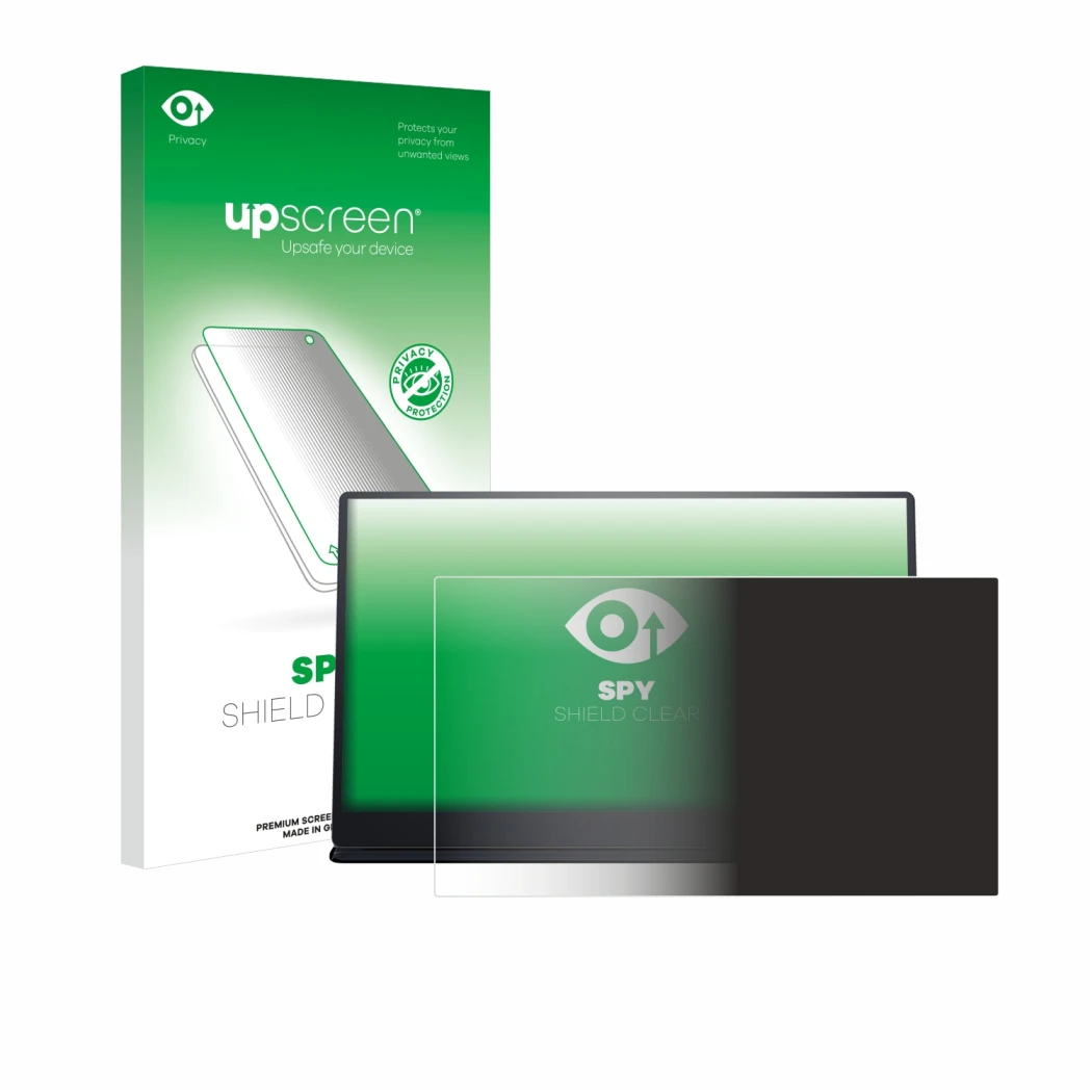 Parte frontale di una confezione del prodotto con il logo del marchio upscreen. Accanto è raffigurato il dispositivo Dell P142