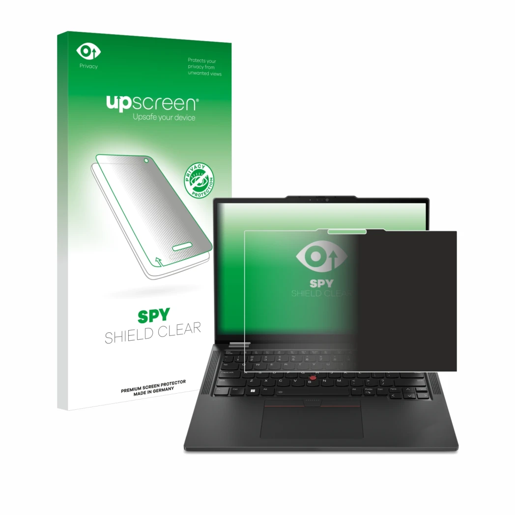 Parte frontale di una confezione del prodotto con il logo del marchio upscreen. Accanto è raffigurato il dispositivo Lenovo Th