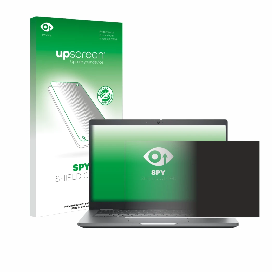 Parte frontale di una confezione del prodotto con il logo del marchio upscreen. Accanto è raffigurato il dispositivo Dell Lati