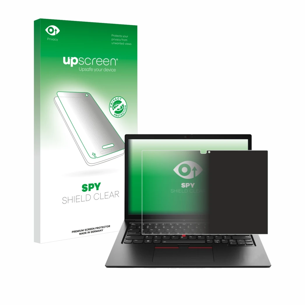 Parte frontale di una confezione del prodotto con il logo del marchio upscreen. Accanto è raffigurato il dispositivo Lenovo Th