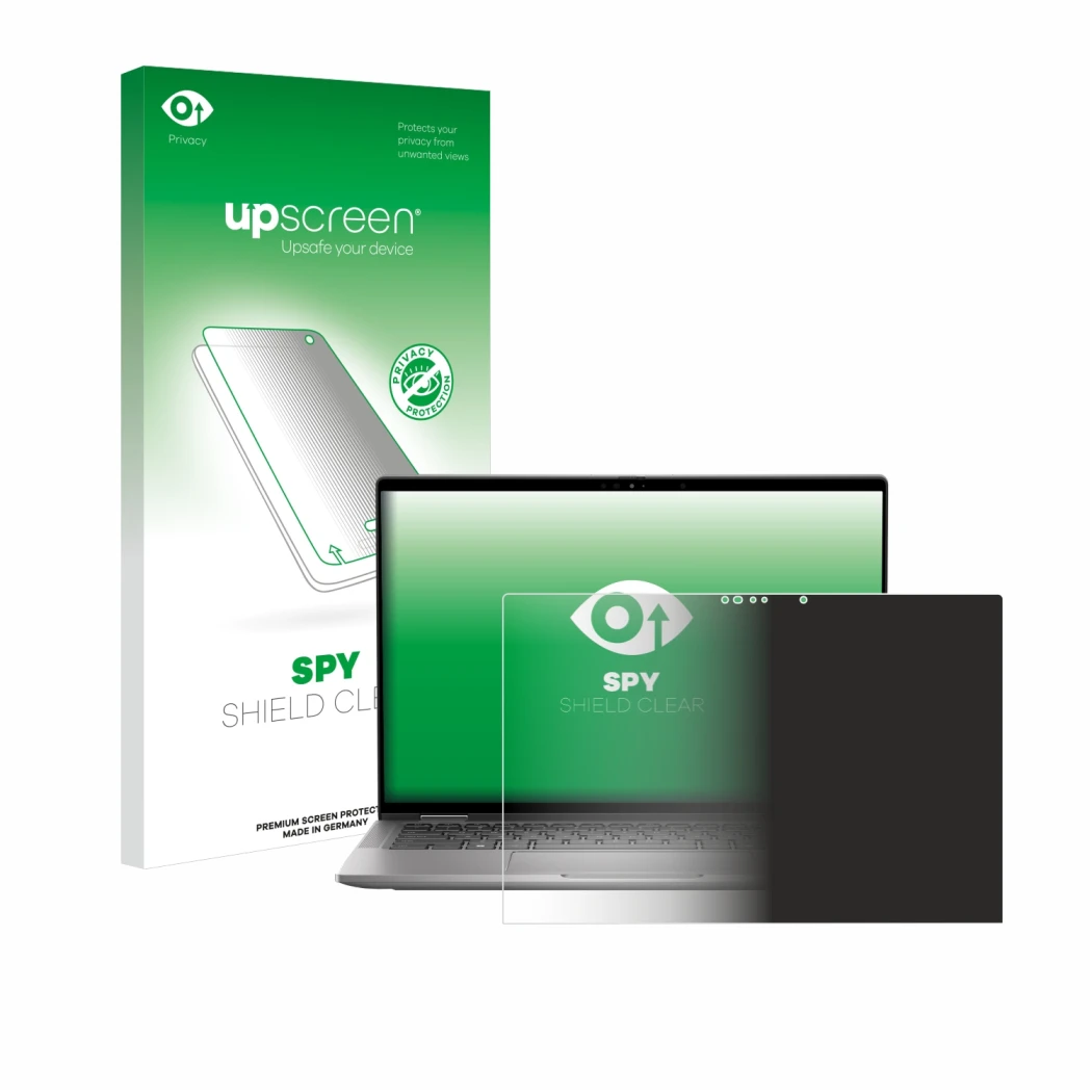 Parte frontale di una confezione del prodotto con il logo del marchio upscreen. Accanto è raffigurato il dispositivo Dell Lati