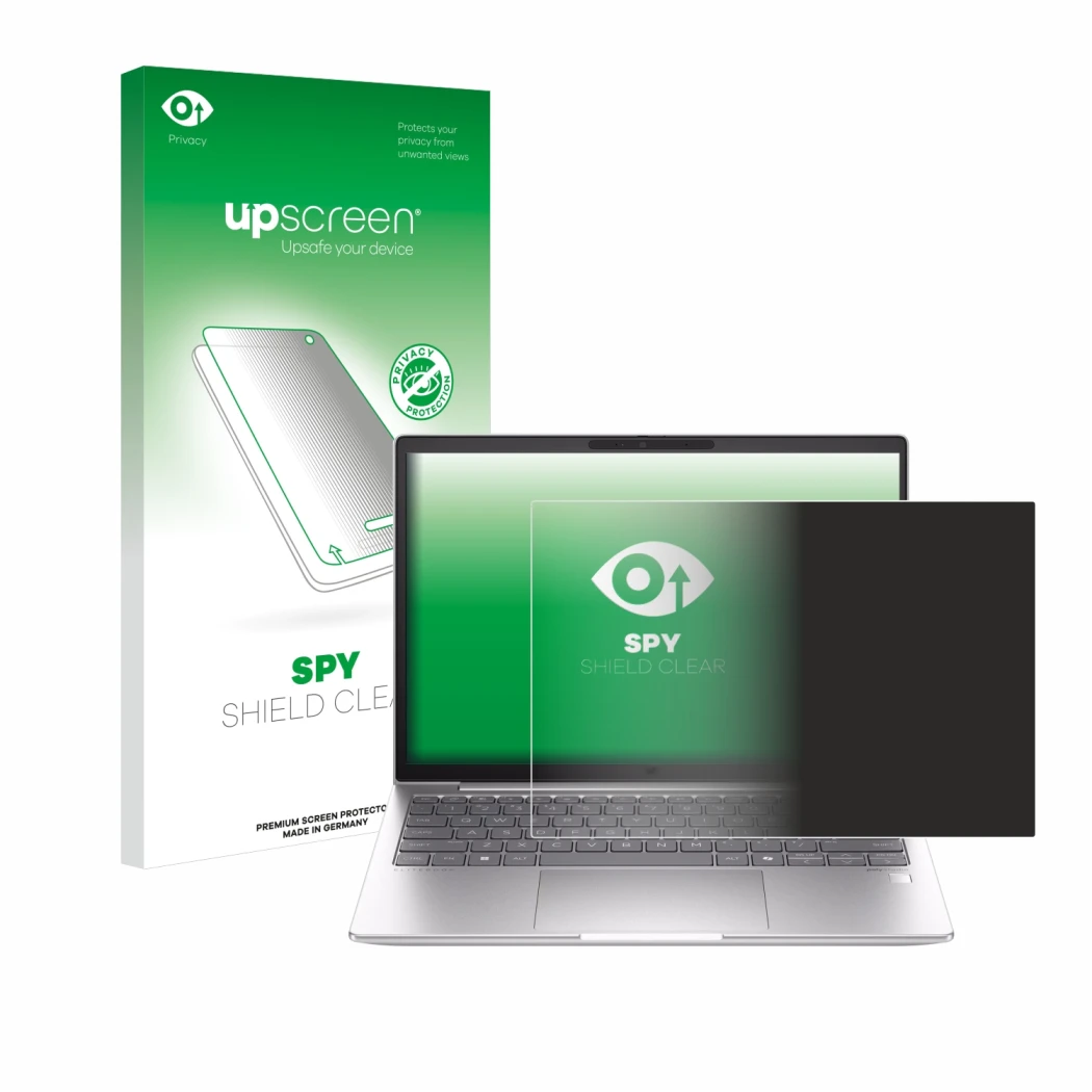 Parte frontale di una confezione del prodotto con il logo del marchio upscreen. Accanto è raffigurato il dispositivo HP EliteB