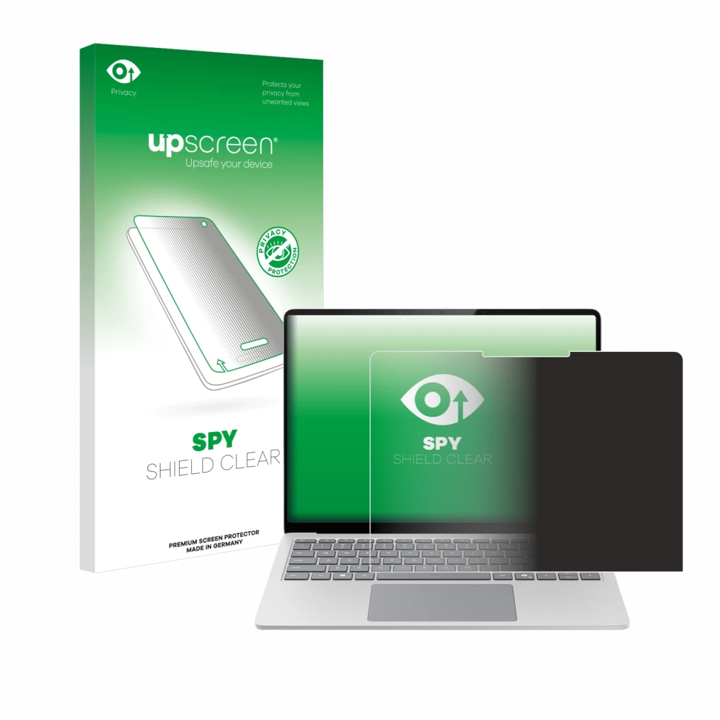 Parte frontale di una confezione del prodotto con il logo del marchio upscreen. Accanto è raffigurato il dispositivo Microsoft