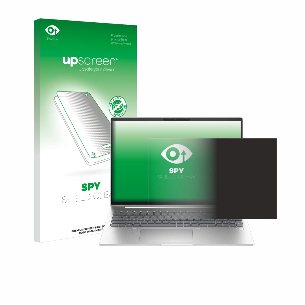 Parte frontale di una confezione del prodotto con il logo del marchio upscreen. Accanto è raffigurato il dispositivo HP ProBoo