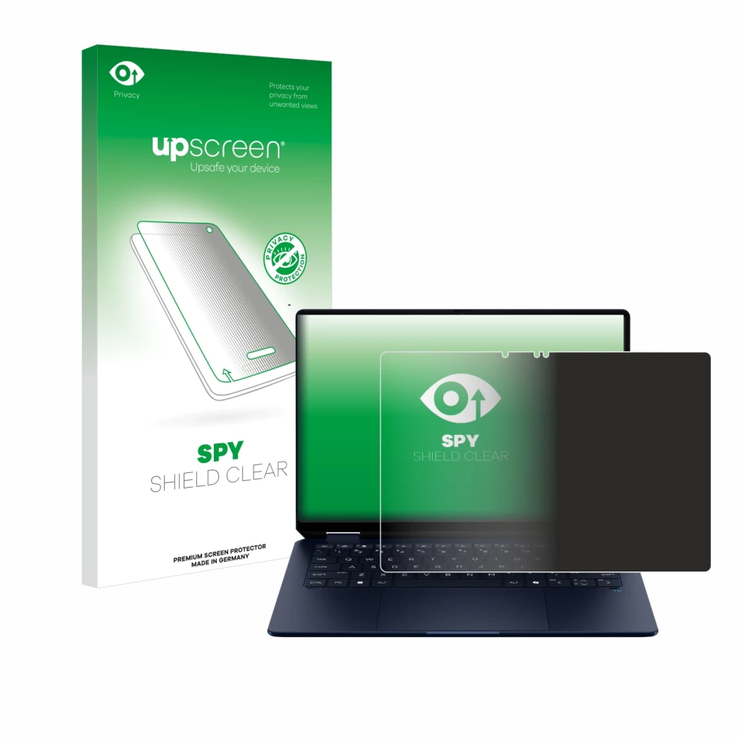 Parte frontale di una confezione del prodotto con il logo del marchio upscreen. Accanto è raffigurato il dispositivo HP OmniBo