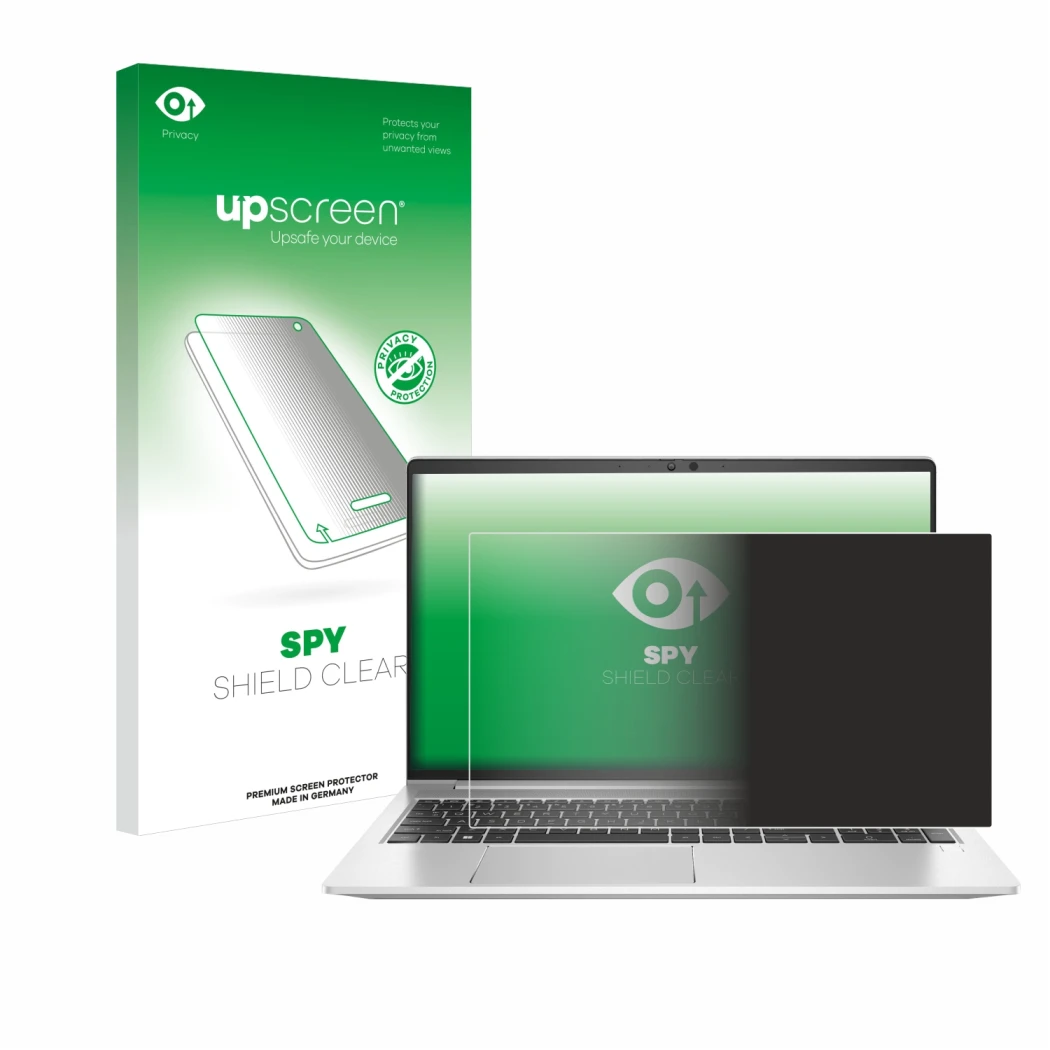 Parte frontale di una confezione del prodotto con il logo del marchio upscreen. Accanto è raffigurato il dispositivo HP EliteB