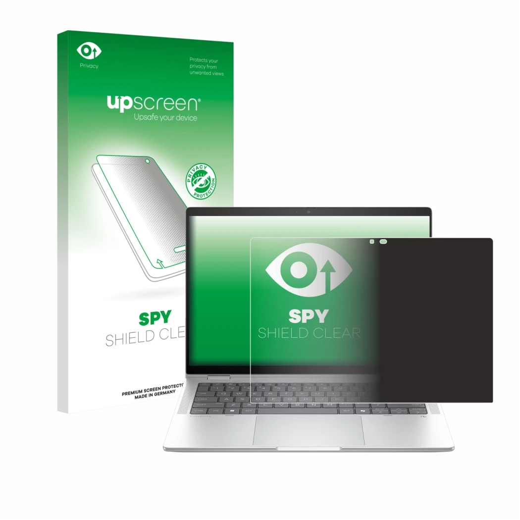Parte frontale di una confezione del prodotto con il logo del marchio upscreen. Accanto è raffigurato il dispositivo HP EliteB