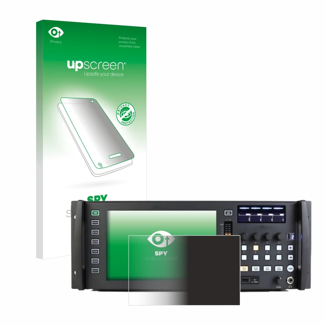 Parte frontale di una confezione del prodotto con il logo del marchio upscreen. Accanto è raffigurato il dispositivo Behringer