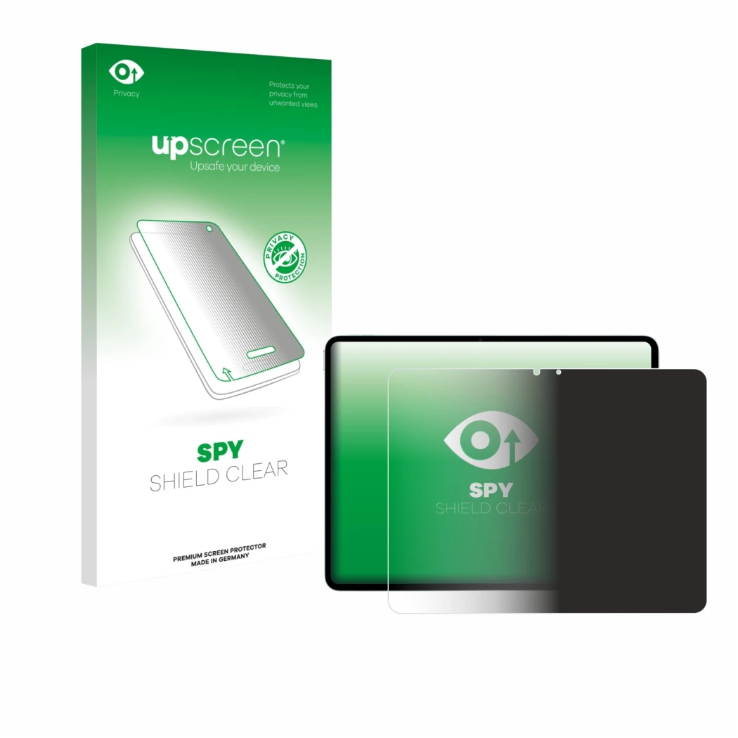 Parte frontale di una confezione del prodotto con il logo del marchio upscreen. Accanto è raffigurato il dispositivo Apple iPa