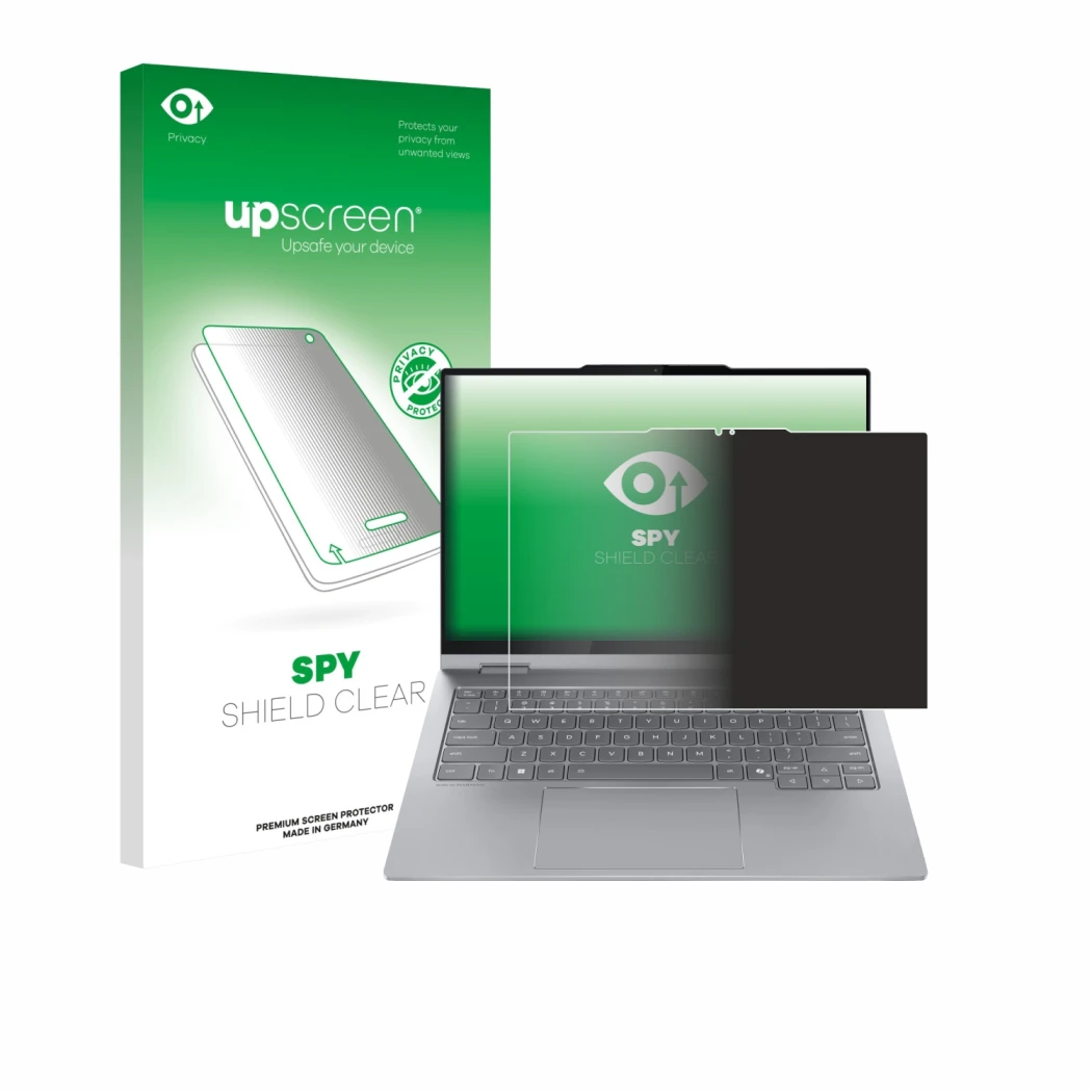 Parte frontale di una confezione del prodotto con il logo del marchio upscreen. Accanto è raffigurato il dispositivo Lenovo Th