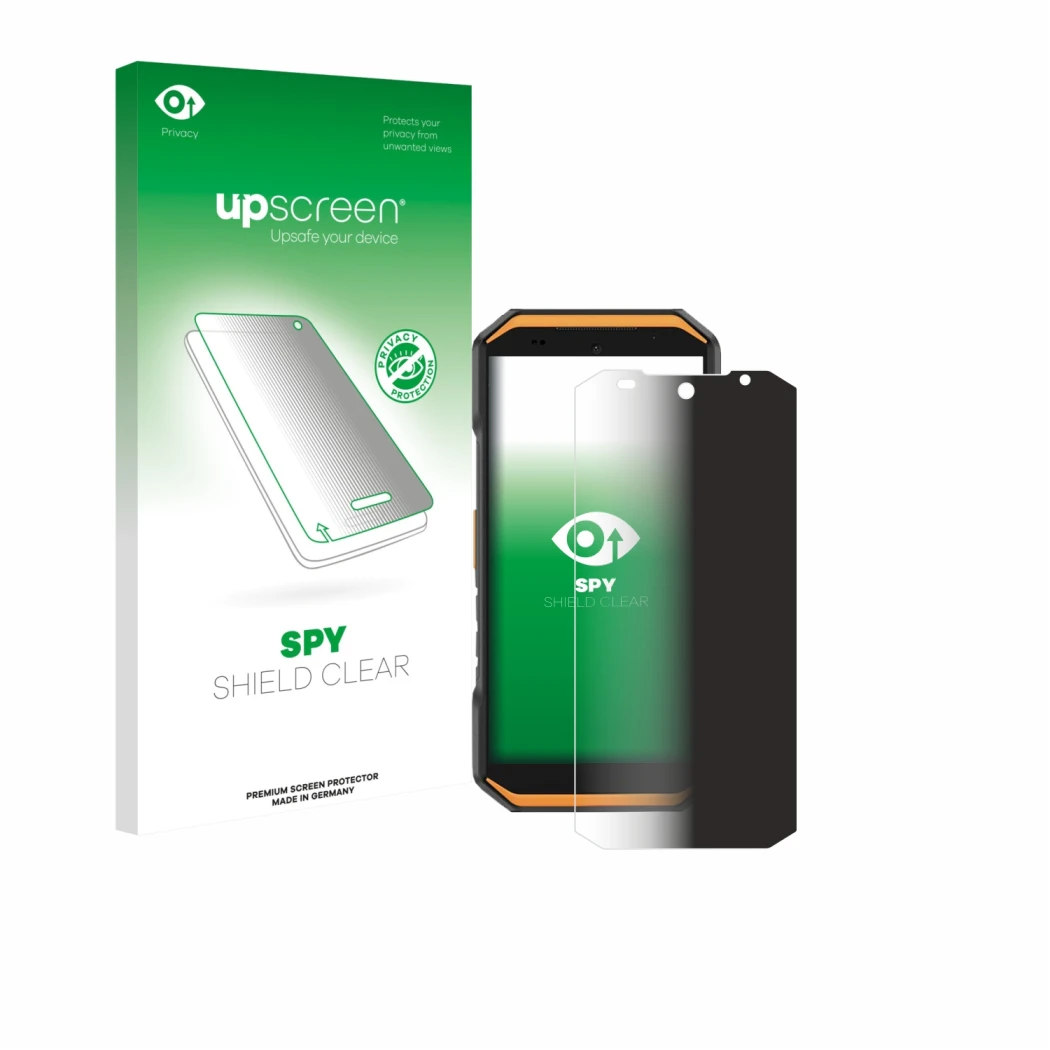 Parte frontale di una confezione del prodotto con il logo del marchio upscreen. Accanto è raffigurato il dispositivo Ulefone A