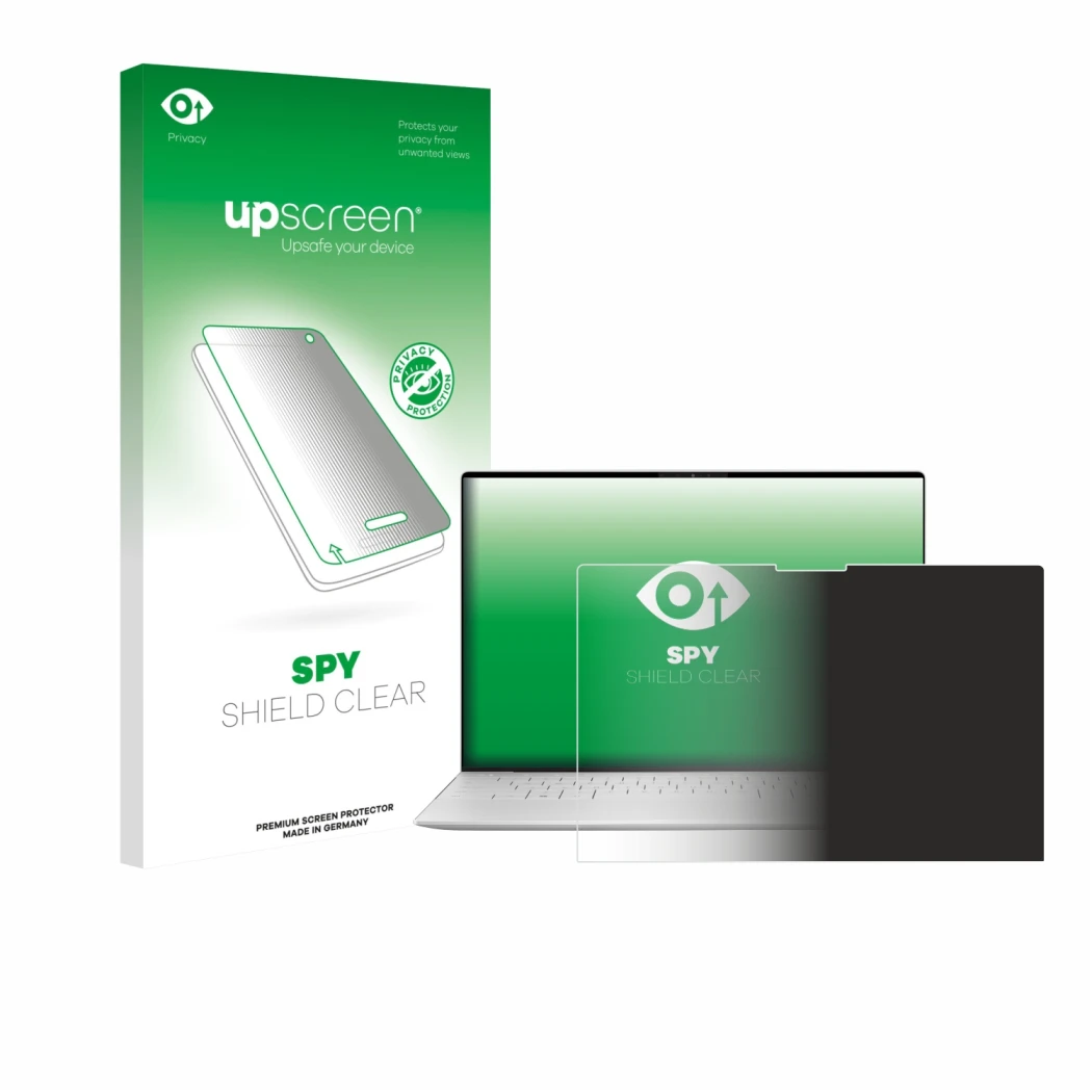 Parte frontale di una confezione del prodotto con il logo del marchio upscreen. Accanto è raffigurato il dispositivo Dell XPS 