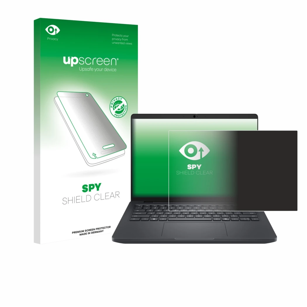Parte frontale di una confezione del prodotto con il logo del marchio upscreen. Accanto è raffigurato il dispositivo Dell Pro 