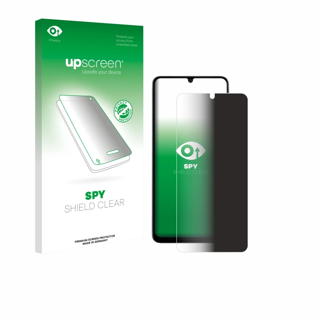 Parte frontale di una confezione del prodotto con il logo del marchio upscreen. Accanto è raffigurato il dispositivo Doogee No