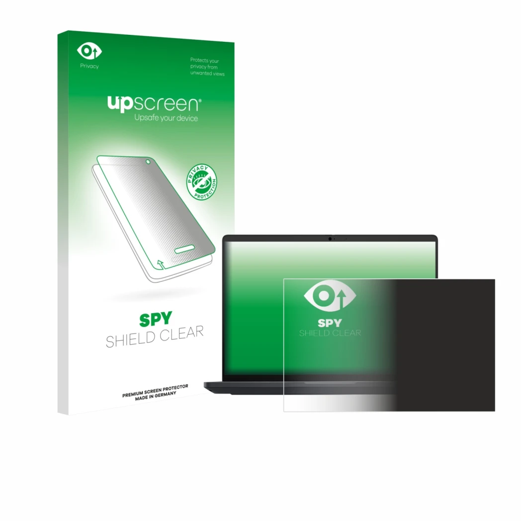 Parte frontale di una confezione del prodotto con il logo del marchio upscreen. Accanto è raffigurato il dispositivo Dell Pro 