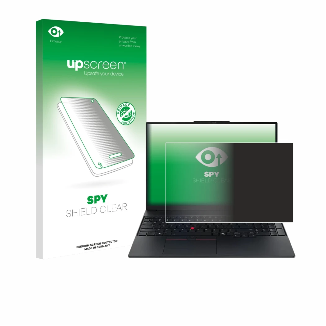 Parte frontale di una confezione del prodotto con il logo del marchio upscreen. Accanto è raffigurato il dispositivo Lenovo Th