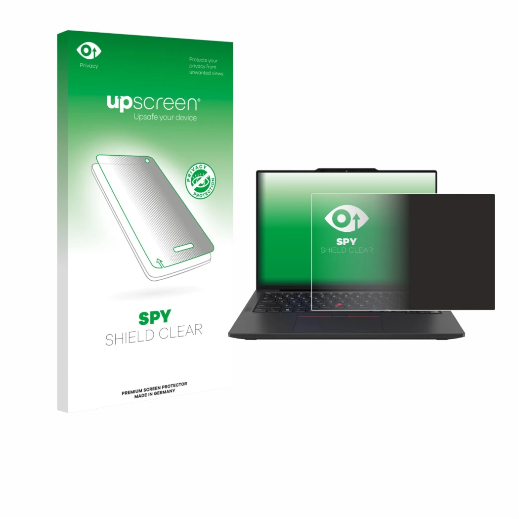 Parte frontale di una confezione del prodotto con il logo del marchio upscreen. Accanto è raffigurato il dispositivo Lenovo Th