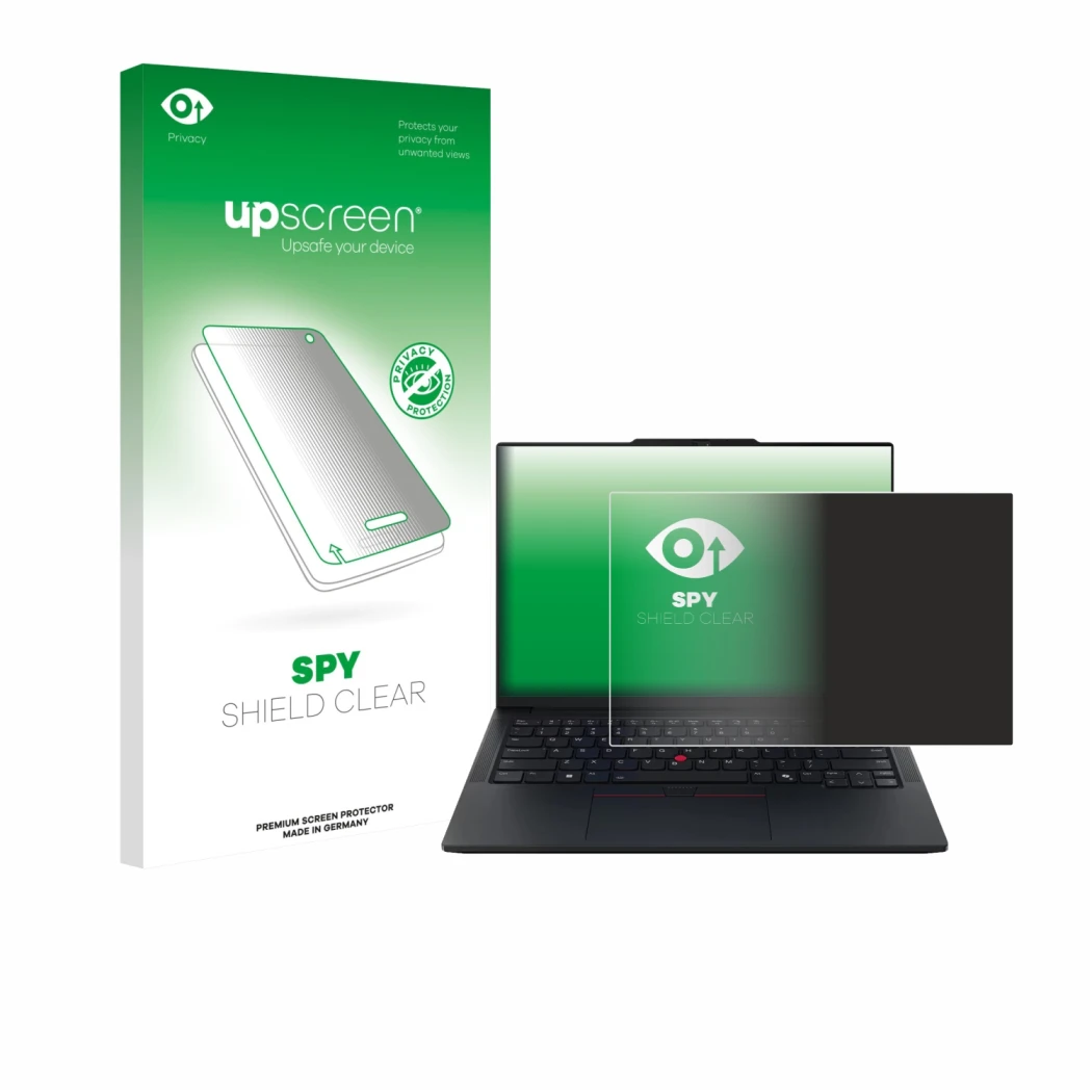 Parte frontale di una confezione del prodotto con il logo del marchio upscreen. Accanto è raffigurato il dispositivo Lenovo Th