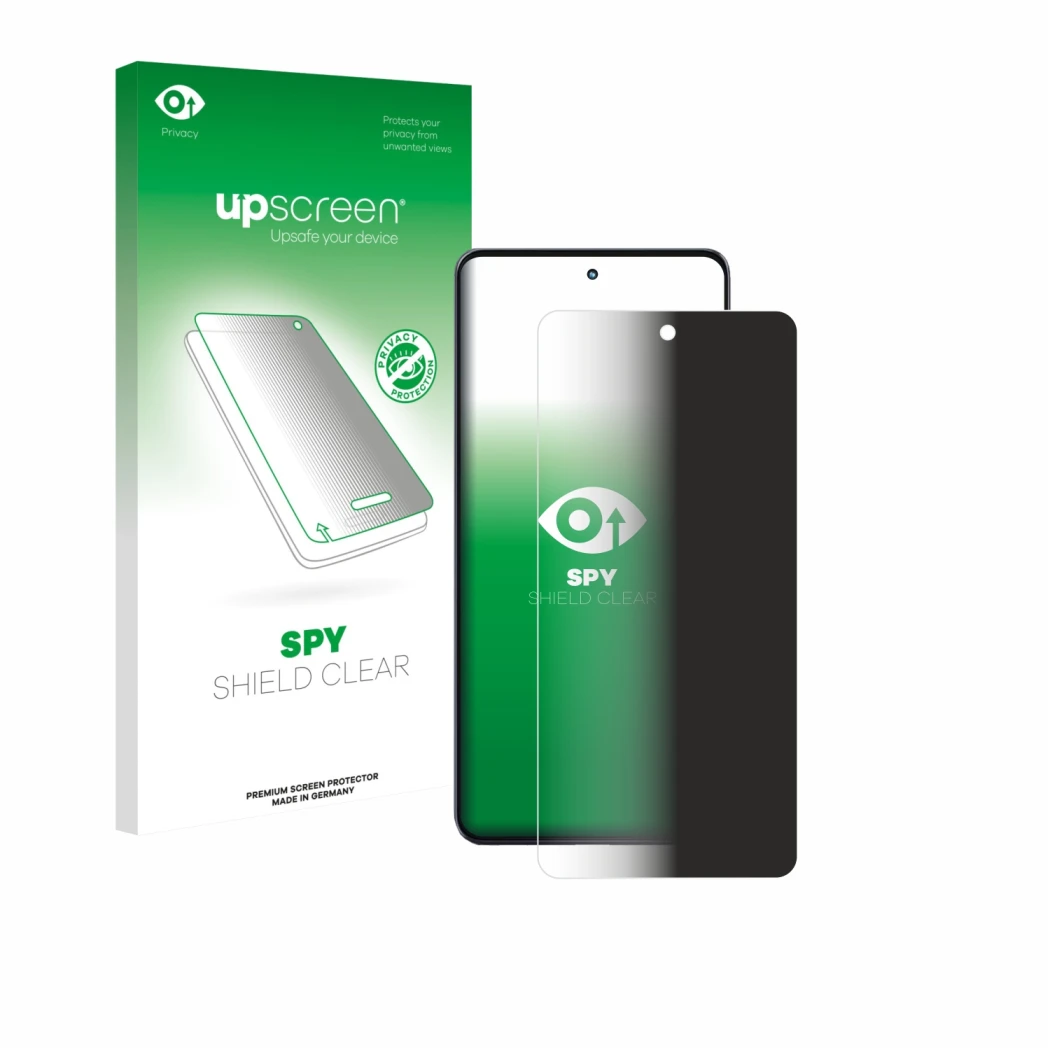 Parte frontale di una confezione del prodotto con il logo del marchio upscreen. Accanto è raffigurato il dispositivo Motorola 