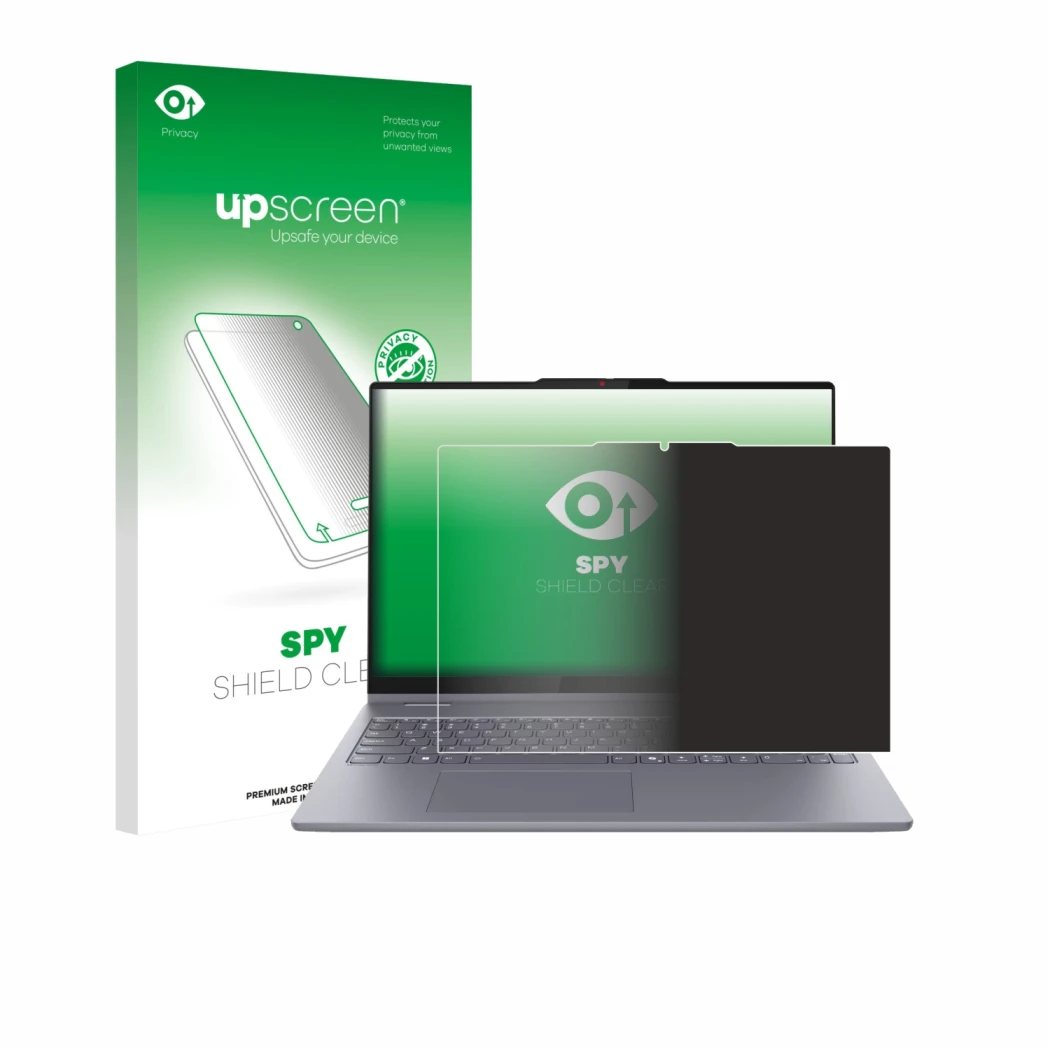 Parte frontale di una confezione del prodotto con il logo del marchio upscreen. Accanto è raffigurato il dispositivo Lenovo Id