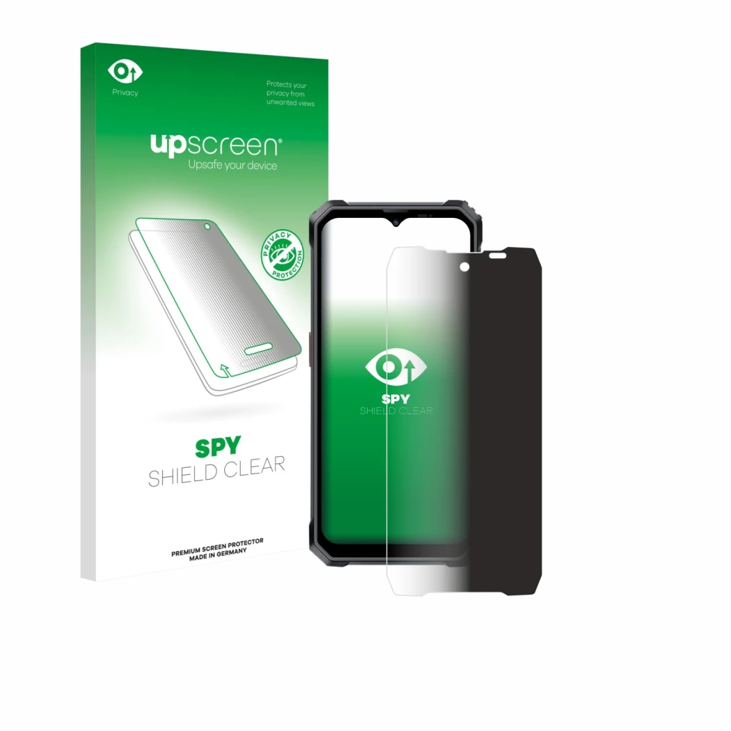 Parte frontale di una confezione del prodotto con il logo del marchio upscreen. Accanto è raffigurato il dispositivo Blackview