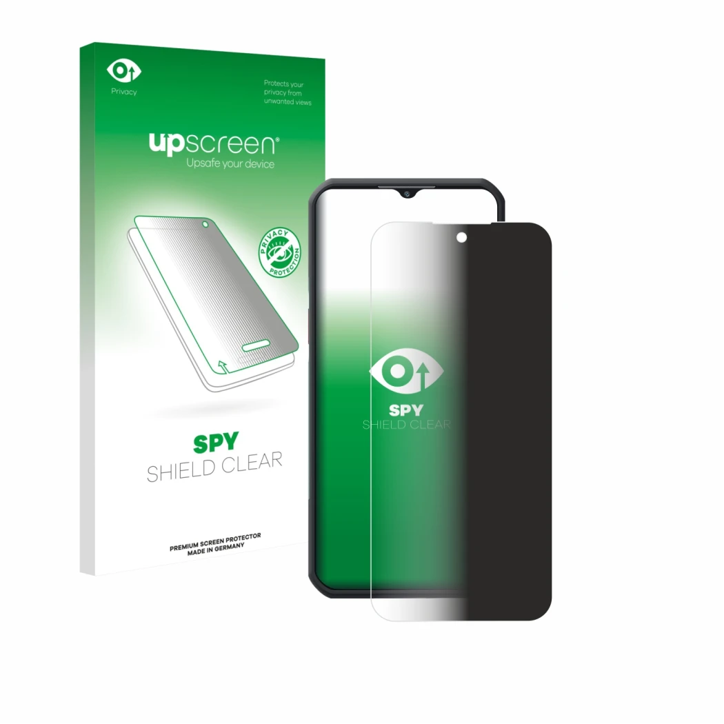 Parte frontale di una confezione del prodotto con il logo del marchio upscreen. Accanto è raffigurato il dispositivo Oukitel W