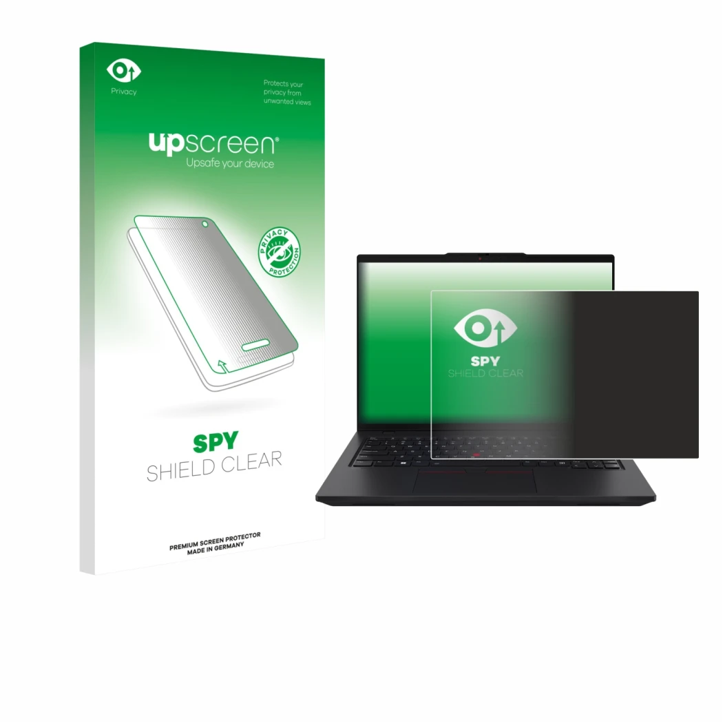 Parte frontale di una confezione del prodotto con il logo del marchio upscreen. Accanto è raffigurato il dispositivo Lenovo Th