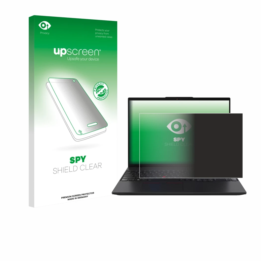 Parte frontale di una confezione del prodotto con il logo del marchio upscreen. Accanto è raffigurato il dispositivo Lenovo Th