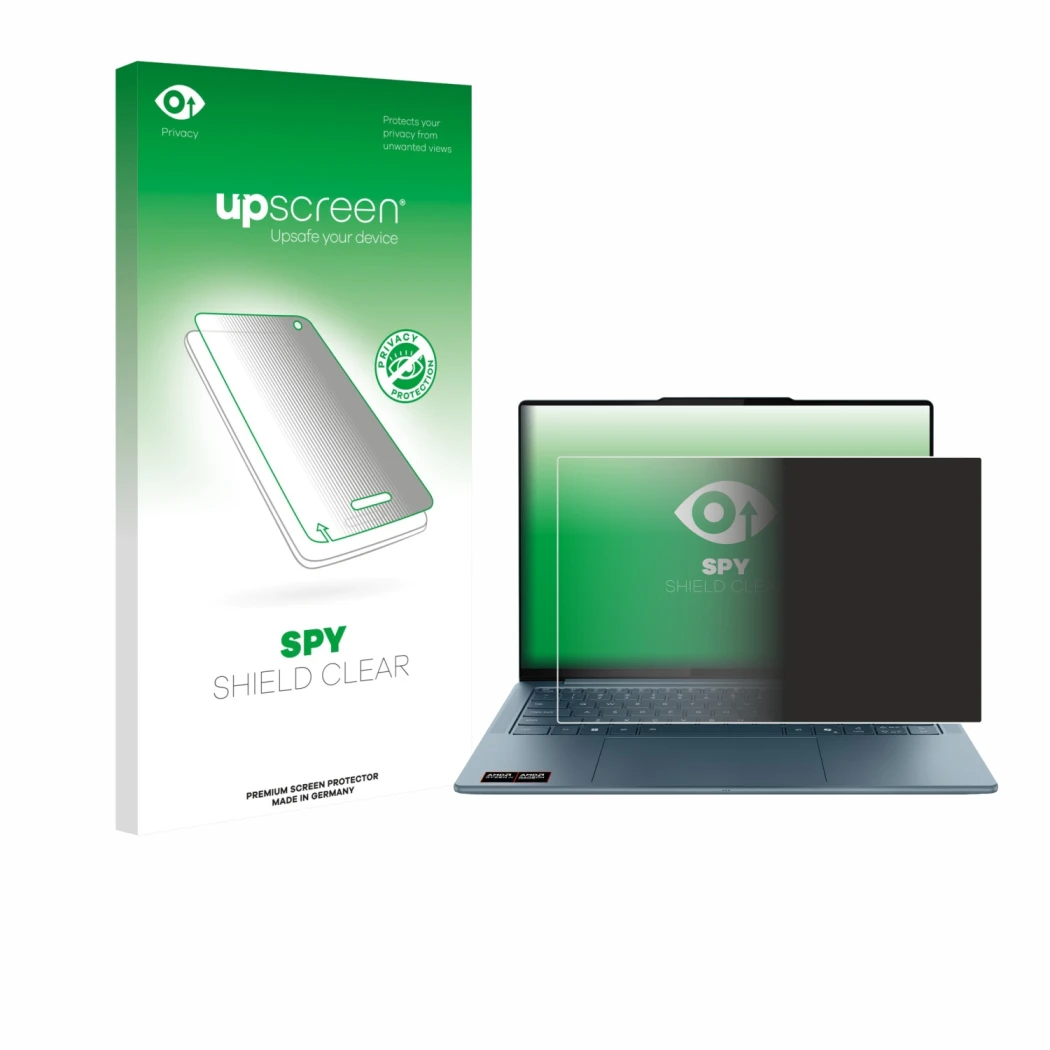 Parte frontale di una confezione del prodotto con il logo del marchio upscreen. Accanto è raffigurato il dispositivo Lenovo Yo