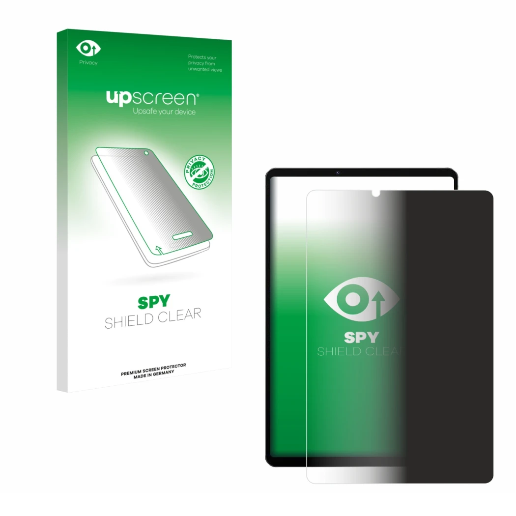 Parte frontale di una confezione del prodotto con il logo del marchio upscreen. Accanto è raffigurato il dispositivo Lenovo Le