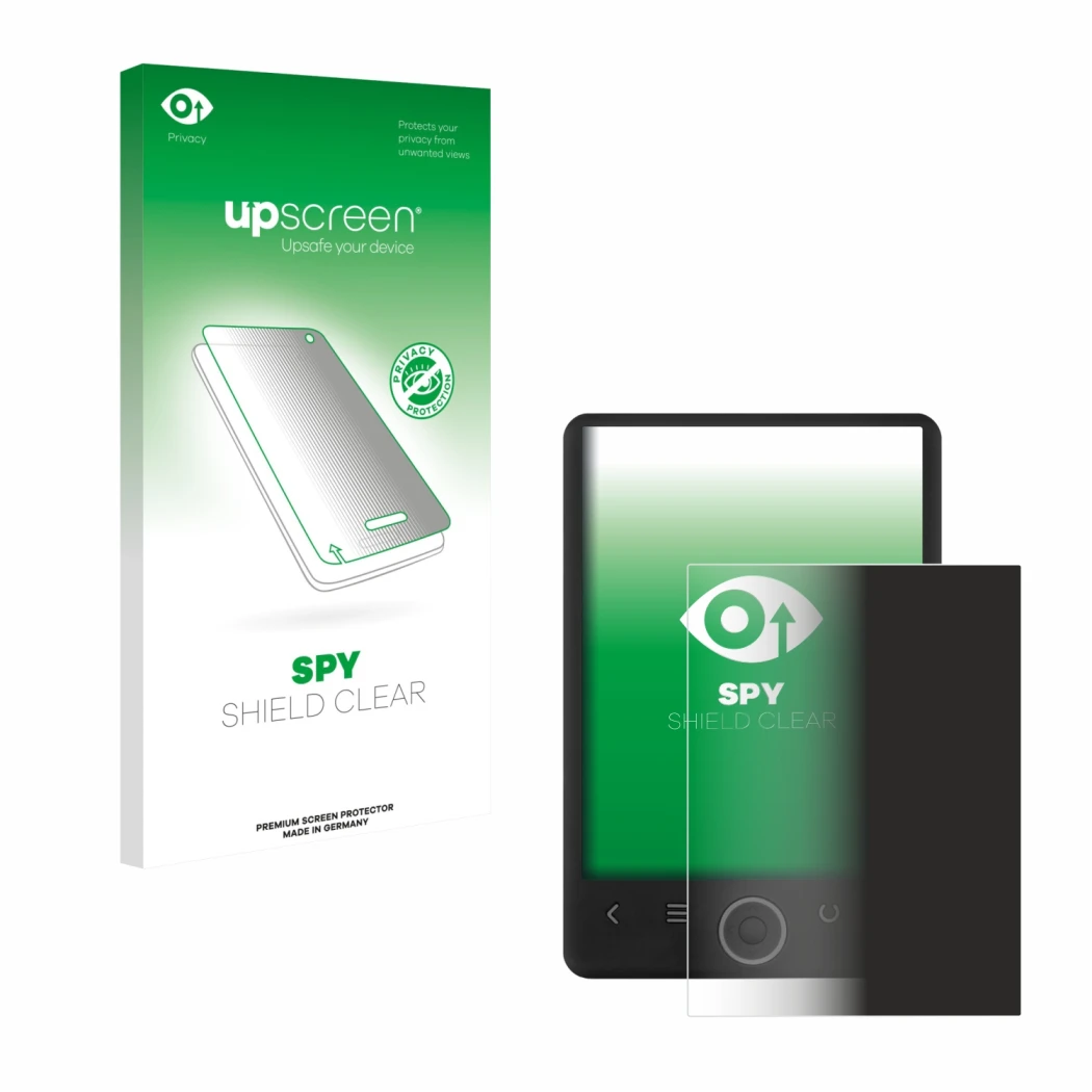 Parte frontale di una confezione del prodotto con il logo del marchio upscreen. Accanto è raffigurato il dispositivo SPC Light