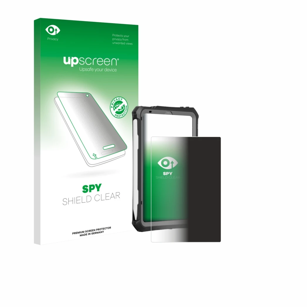 Parte frontale di una confezione del prodotto con il logo del marchio upscreen. Accanto è raffigurato il dispositivo Apple iPa