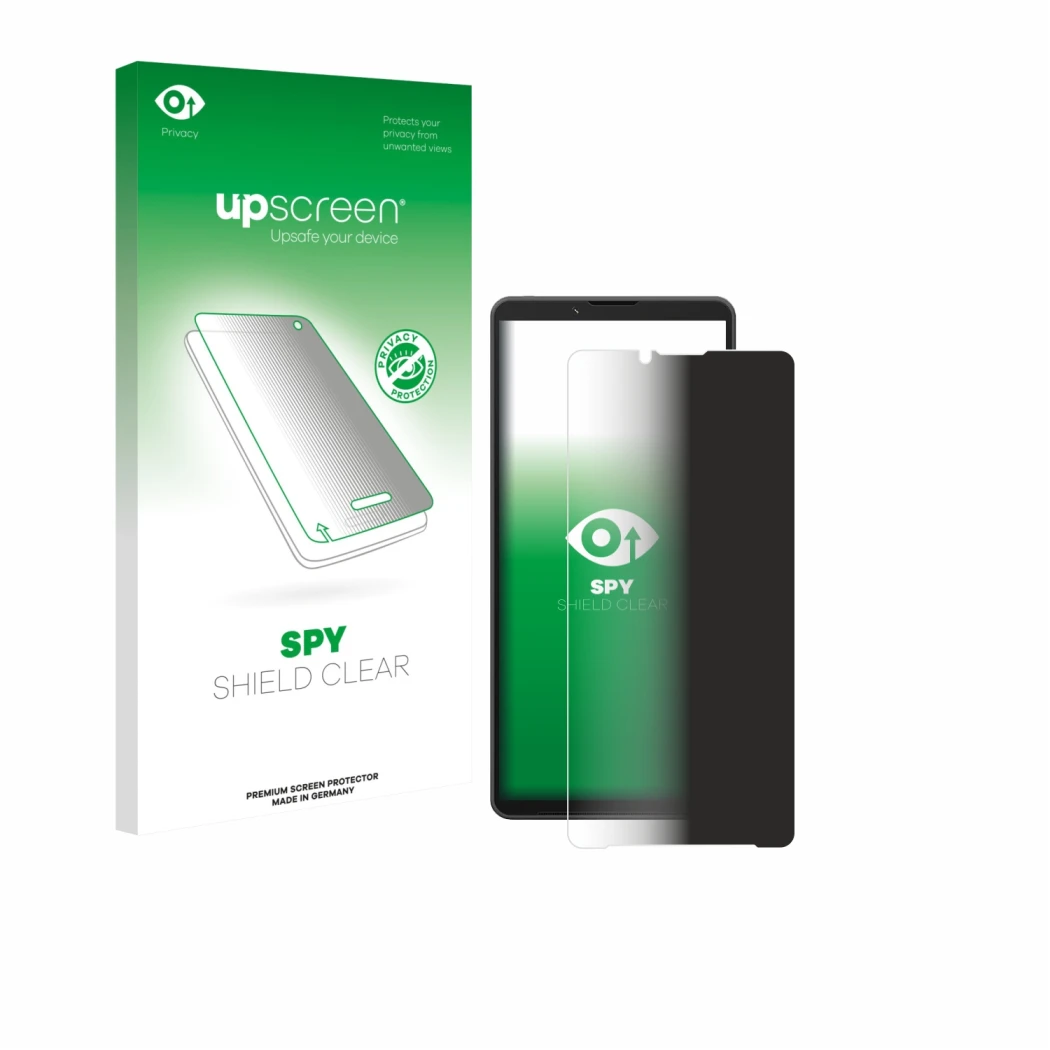 Parte frontale di una confezione del prodotto con il logo del marchio upscreen. Accanto è raffigurato il dispositivo Sony Xper