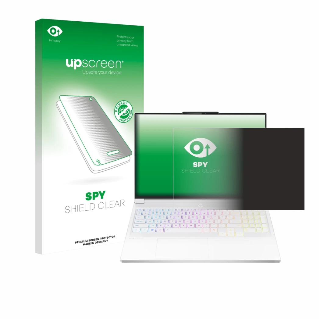 Parte frontale di una confezione del prodotto con il logo del marchio upscreen. Accanto è raffigurato il dispositivo Lenovo Le