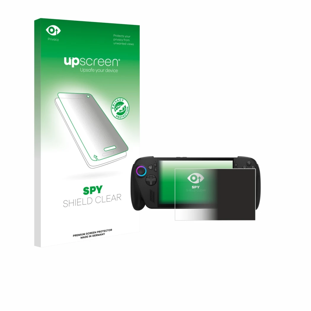 Parte frontale di una confezione del prodotto con il logo del marchio upscreen. Accanto è raffigurato il dispositivo ASUS ROG 