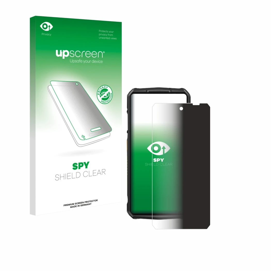 Parte frontale di una confezione del prodotto con il logo del marchio upscreen. Accanto è raffigurato il dispositivo Ulefone 2