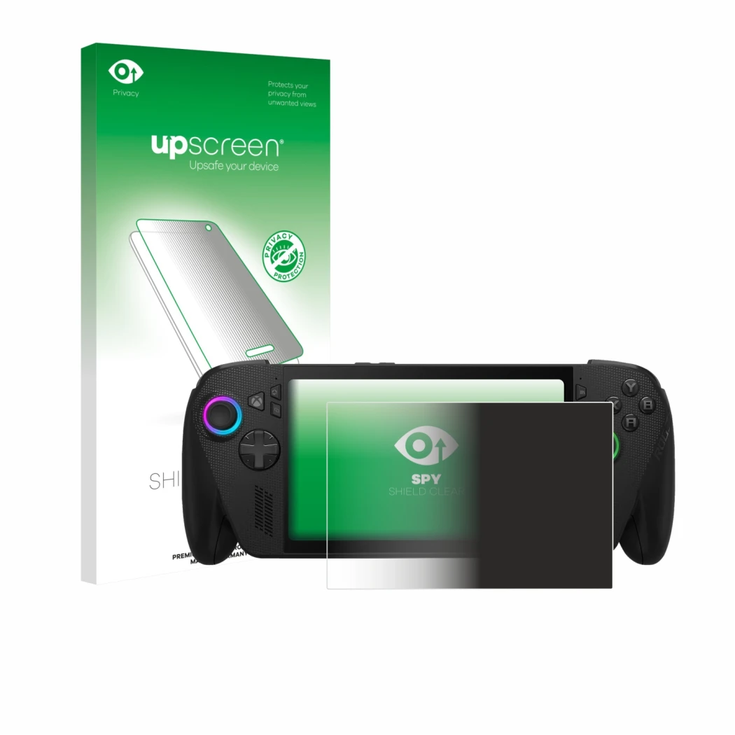 Parte frontale di una confezione del prodotto con il logo del marchio upscreen. Accanto è raffigurato il dispositivo ASUS ROG 