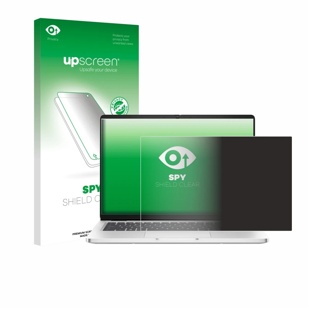 Parte frontale di una confezione del prodotto con il logo del marchio upscreen. Accanto è raffigurato il dispositivo Dell Pro 