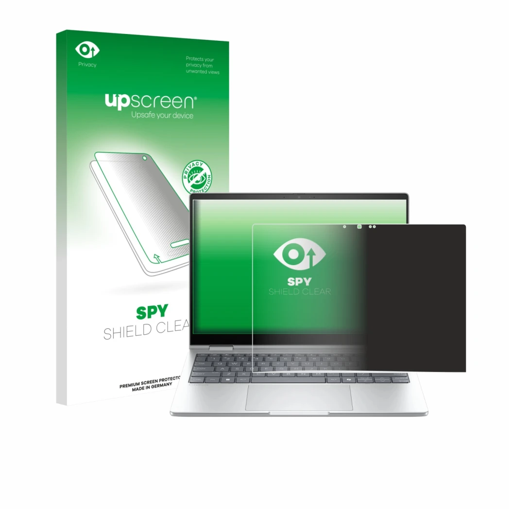Parte frontale di una confezione del prodotto con il logo del marchio upscreen. Accanto è raffigurato il dispositivo HP EliteB