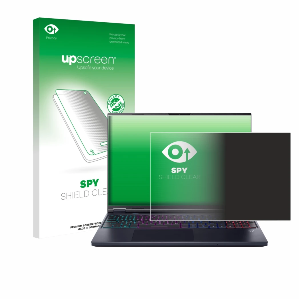 Parte frontale di una confezione del prodotto con il logo del marchio upscreen. Accanto è raffigurato il dispositivo Acer Pred