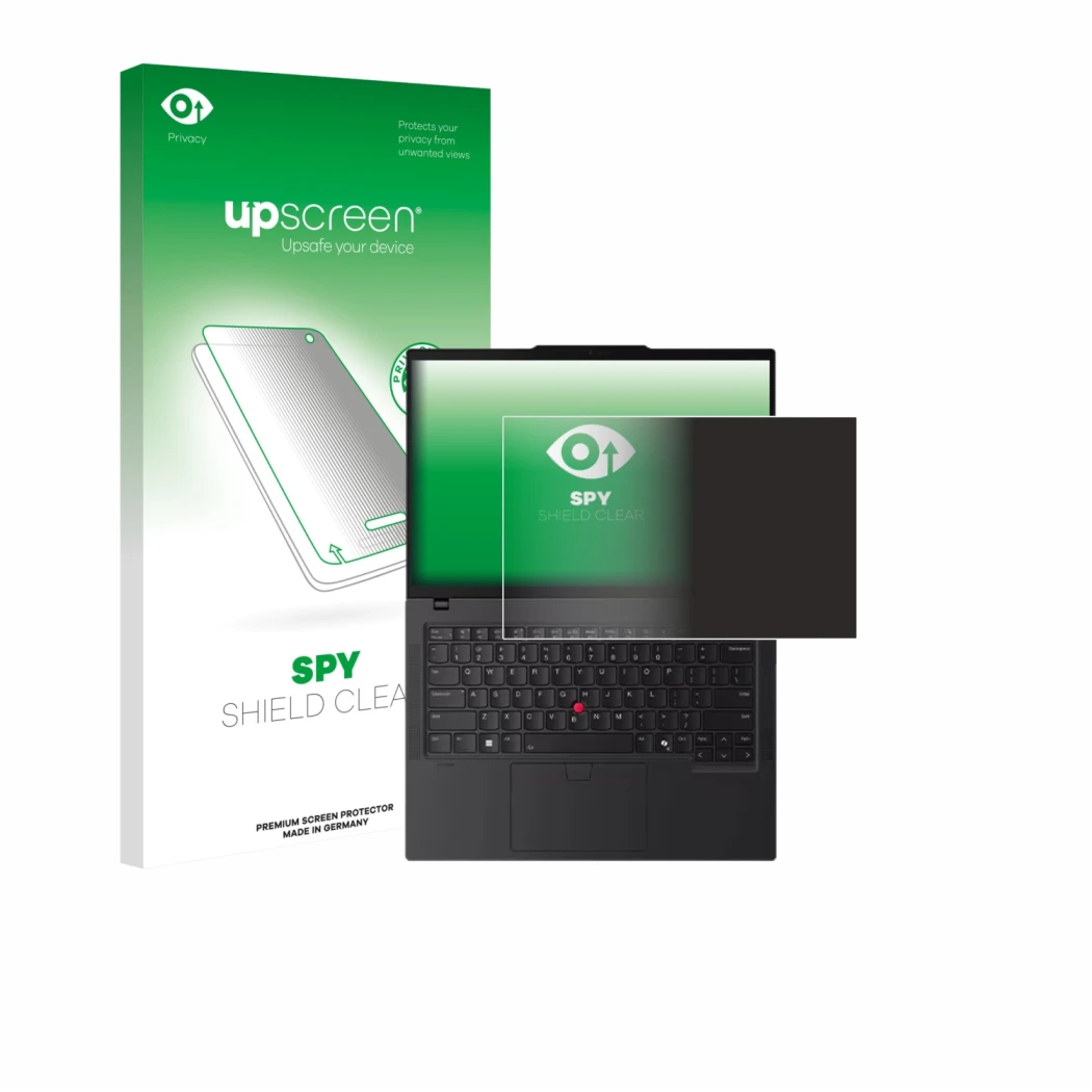 Parte frontale di una confezione del prodotto con il logo del marchio upscreen. Accanto è raffigurato il dispositivo Lenovo Th