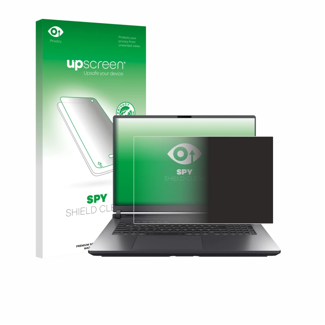 Parte frontale di una confezione del prodotto con il logo del marchio upscreen. Accanto è raffigurato il dispositivo ASUS ROG 